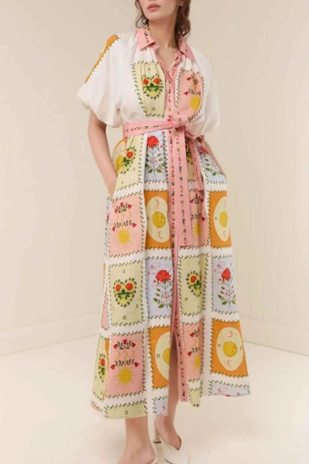 Printed Short Sleeve Belted Maxi Dress.