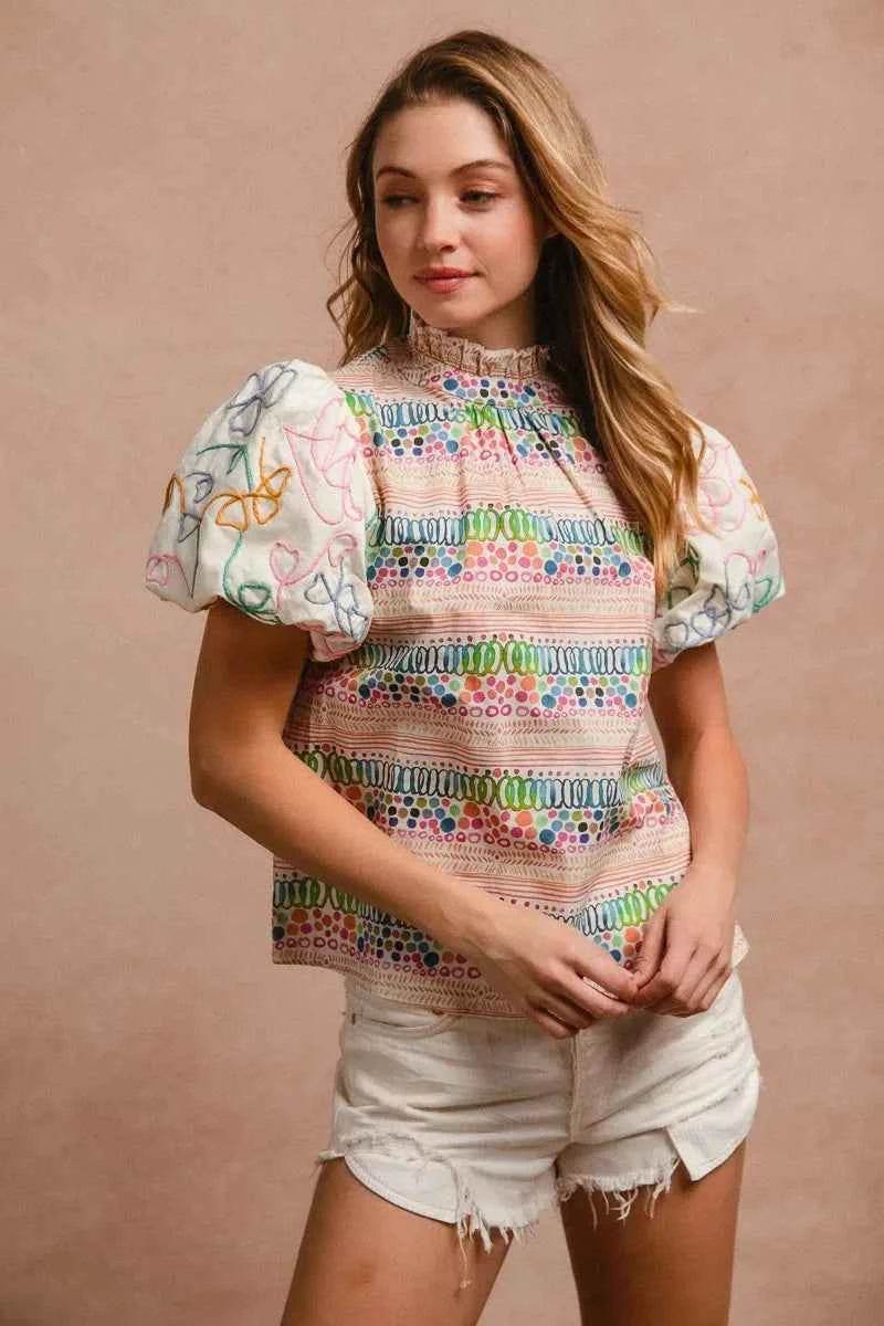 Ruffle Neckline Blouse with Embroidery for Effortless Style - EBYNN