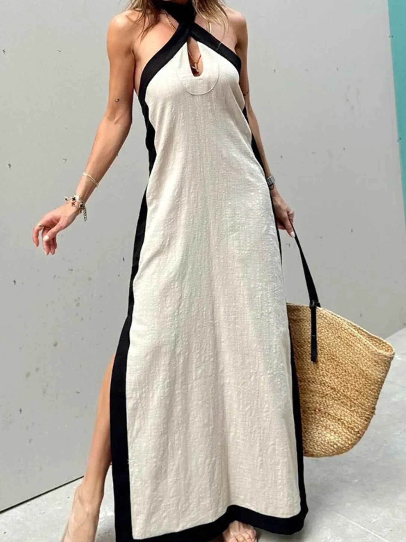 Contrast Halter Sleeveless Maxi Dress.