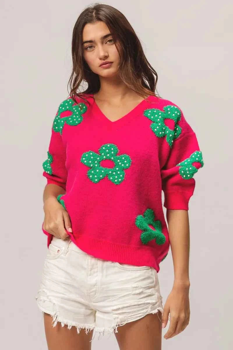 BiBi Pearl Beads Flowers Sweater Top.