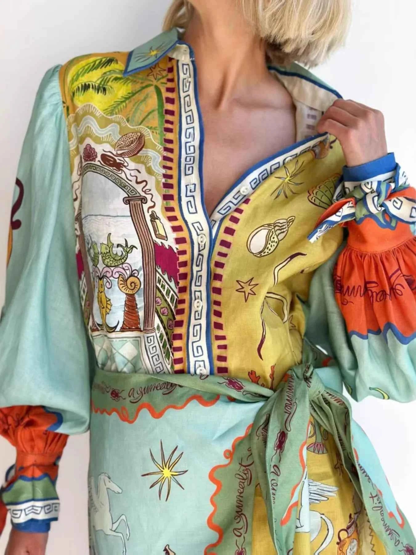 Printed Long Sleeve Shirt Dress.