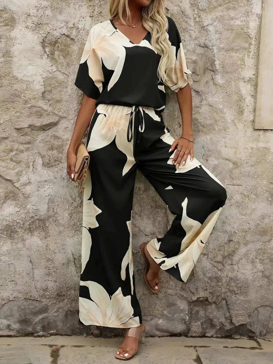 Printed V-Neck Top and Wide Leg Pants Set - EBYNN