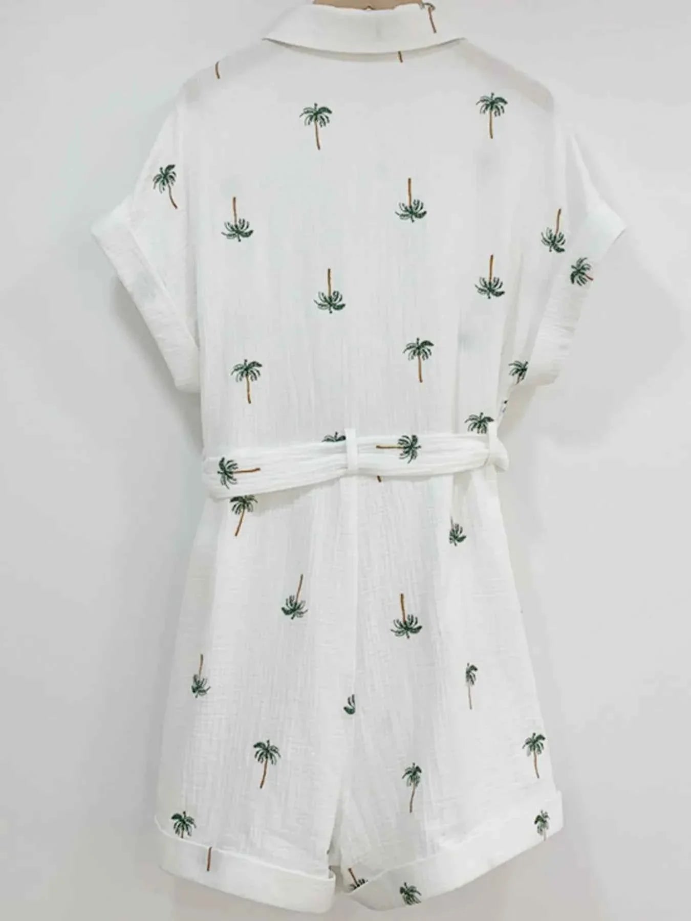 Palm Tree Print Short Sleeve Button-Up Romper with Belt.