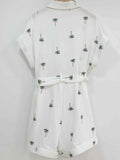 Palm Tree Print Short Sleeve Button-Up Romper with Belt.
