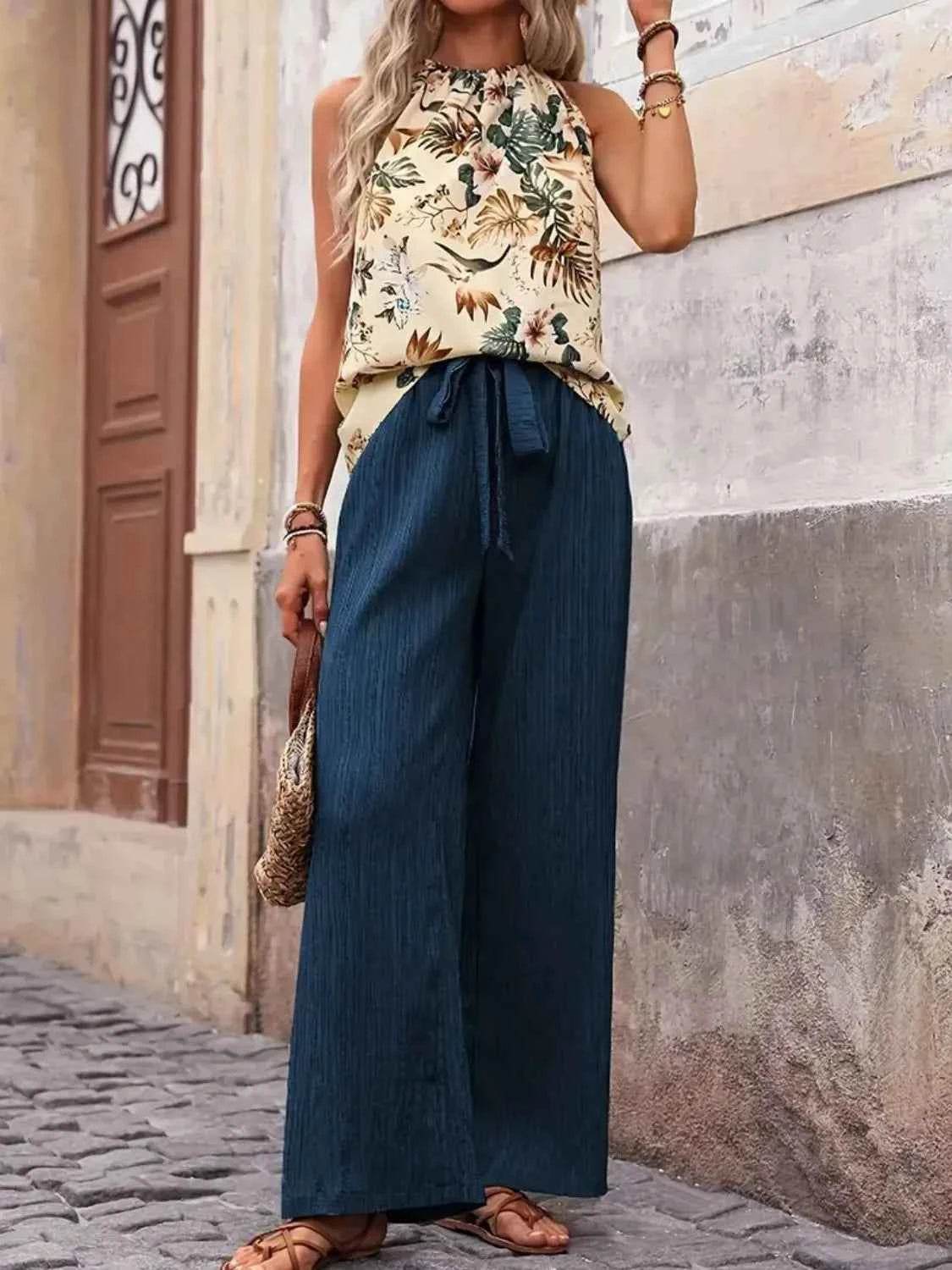 Printed Tank Top and Wide Leg Pants Set for Effortless Style - EBYNN