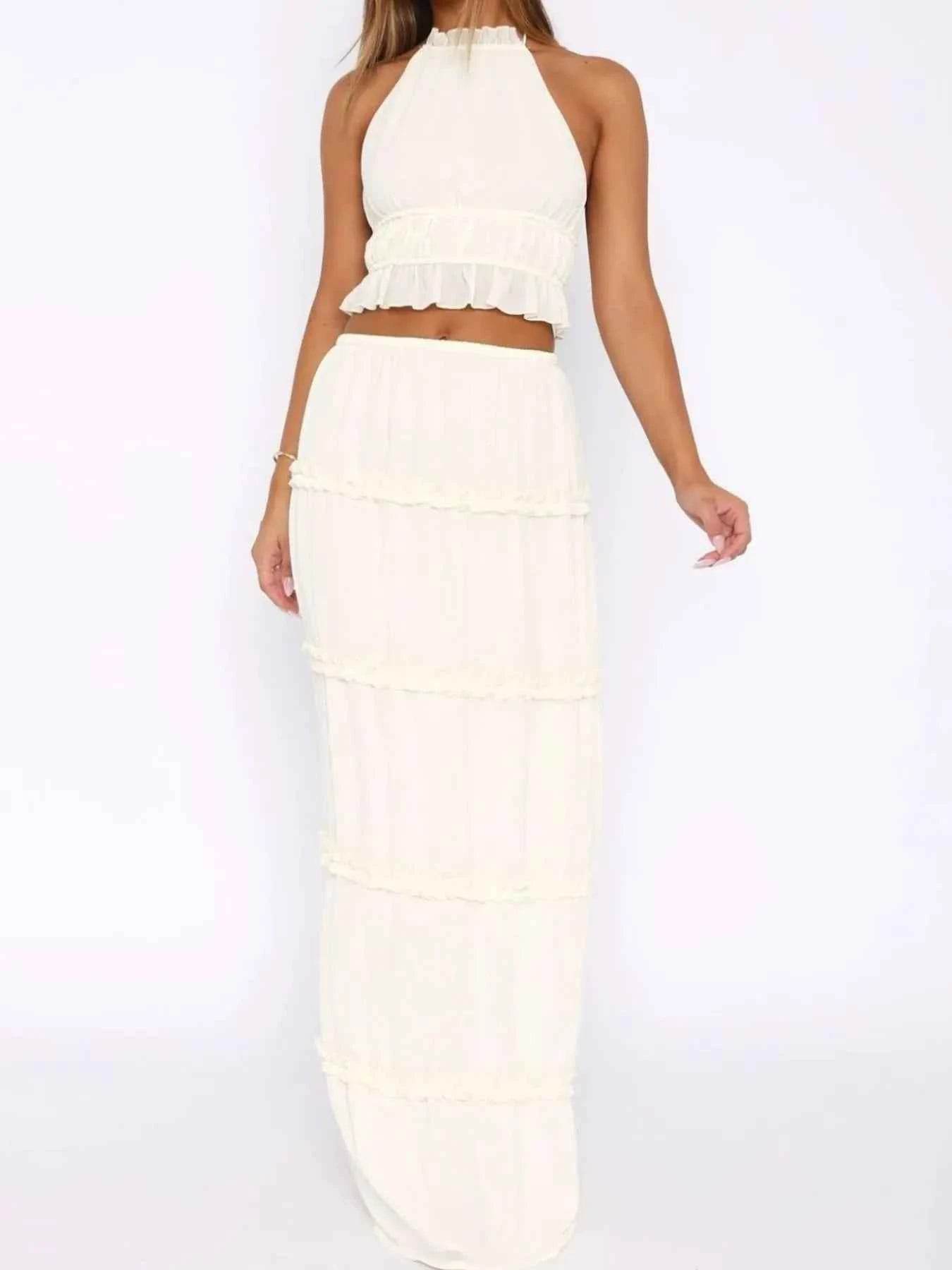 Halter Crop Backless Top and Maxi Skirt Set - EBYNN