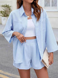 Button Up Long Sleeve Top and Shorts Set - EBYNN