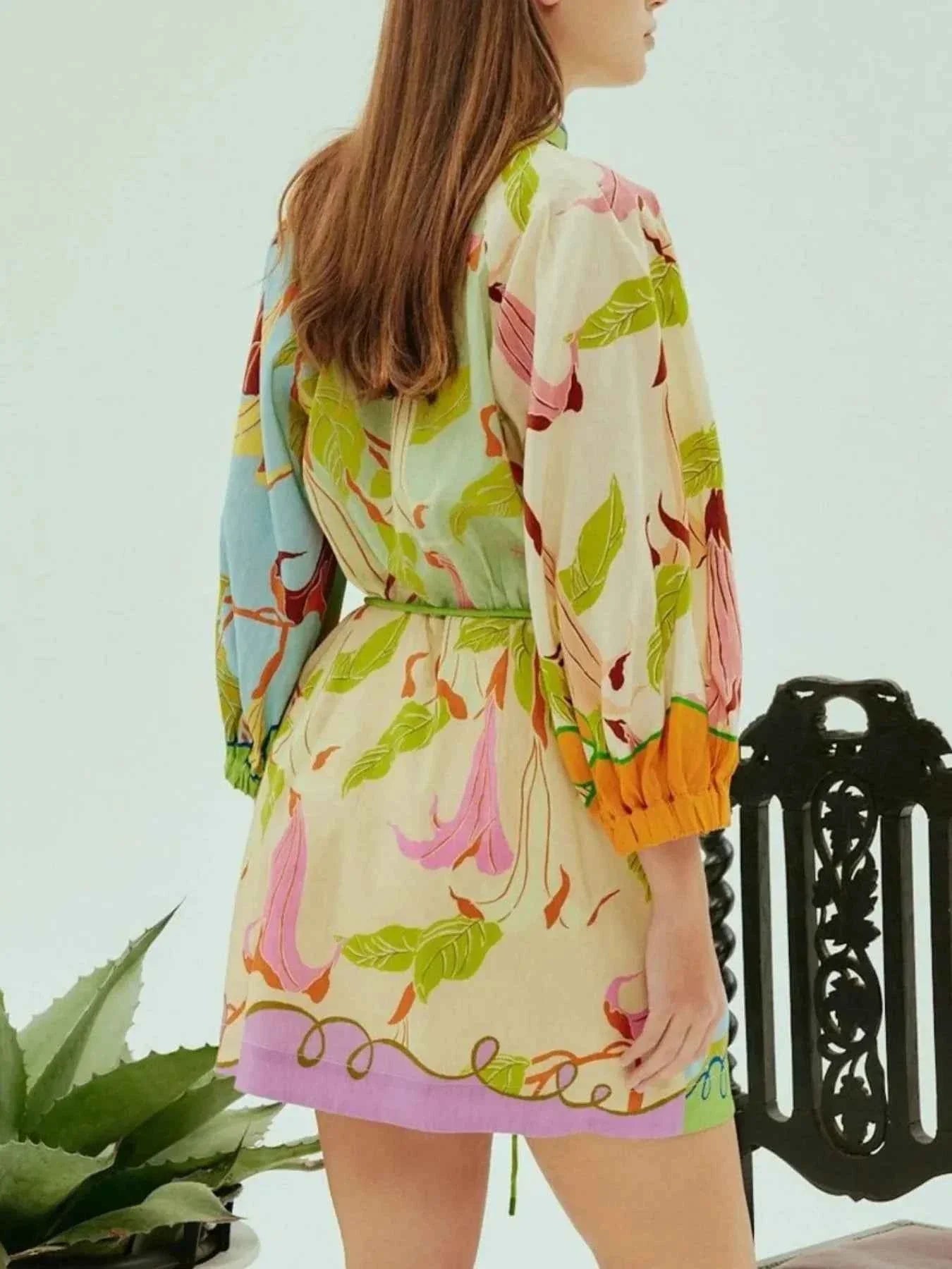 Abstract Print Tie Front Mini Shirt Dress with Pockets.