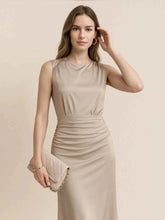 Ruched Round Neck Sleeveless Midi Dress.