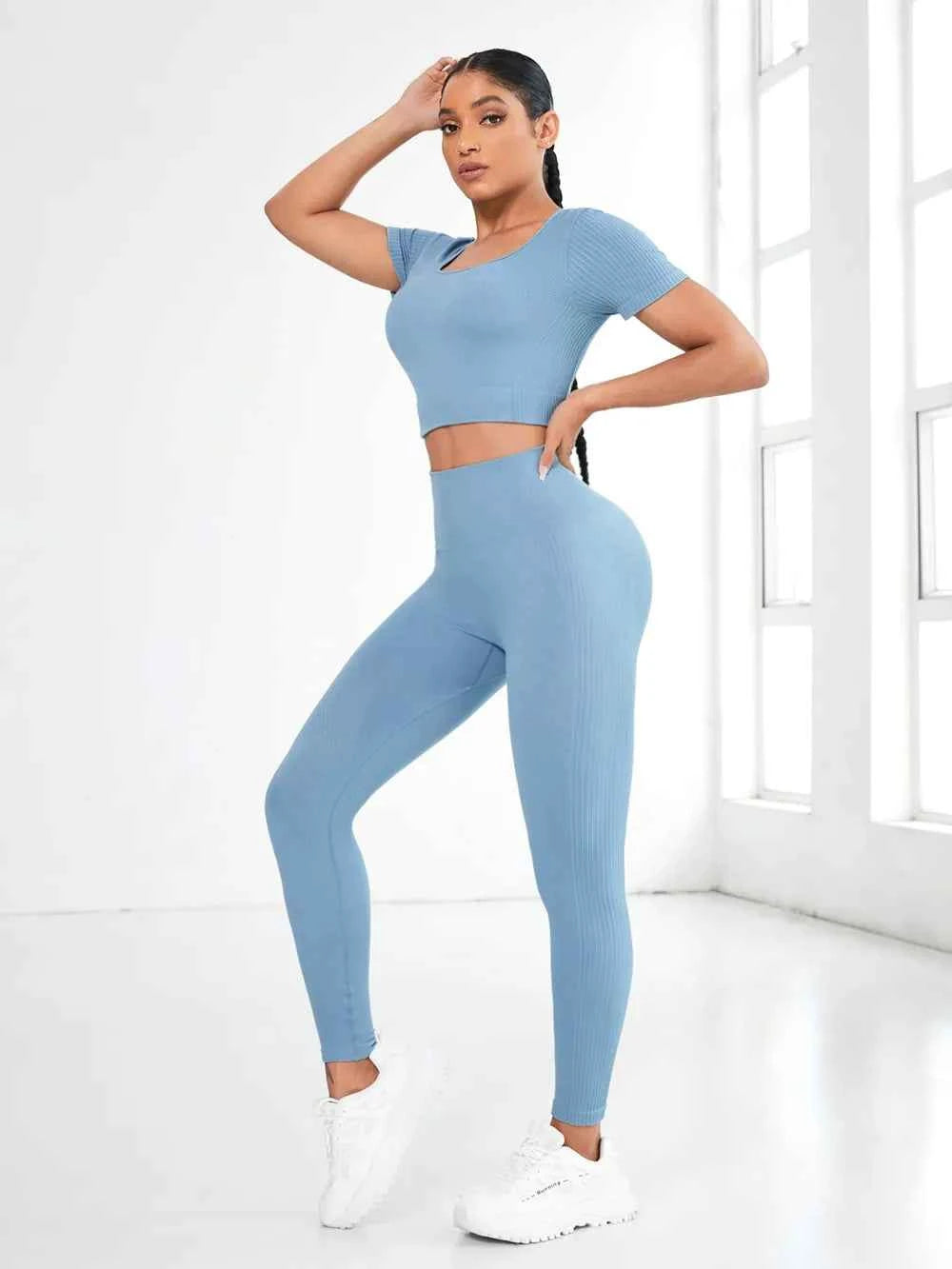 Round Neck Short Sleeve Top and Leggings Active Set.