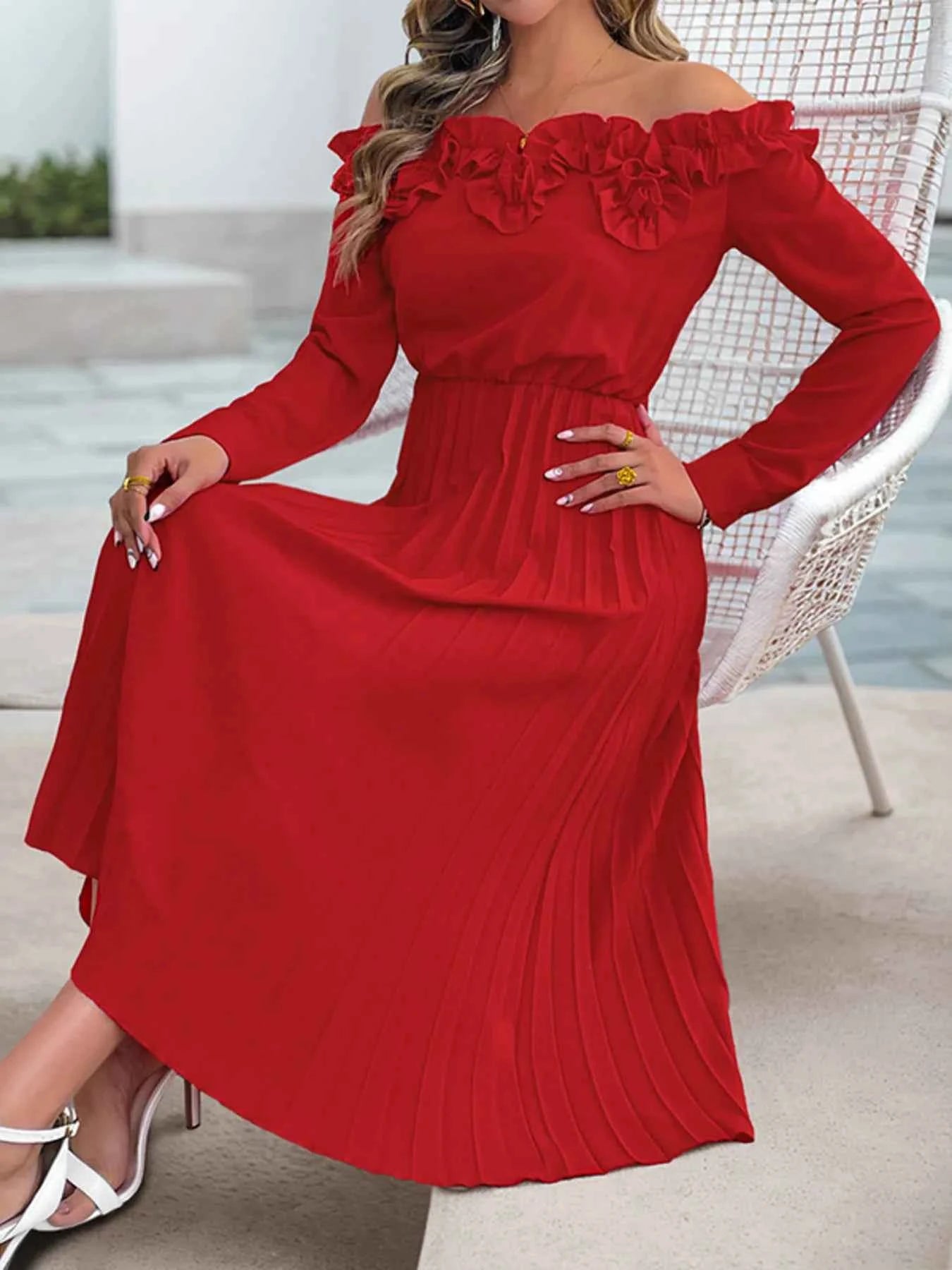 Off-Shoulder Ruffle Pleated Midi Dress.