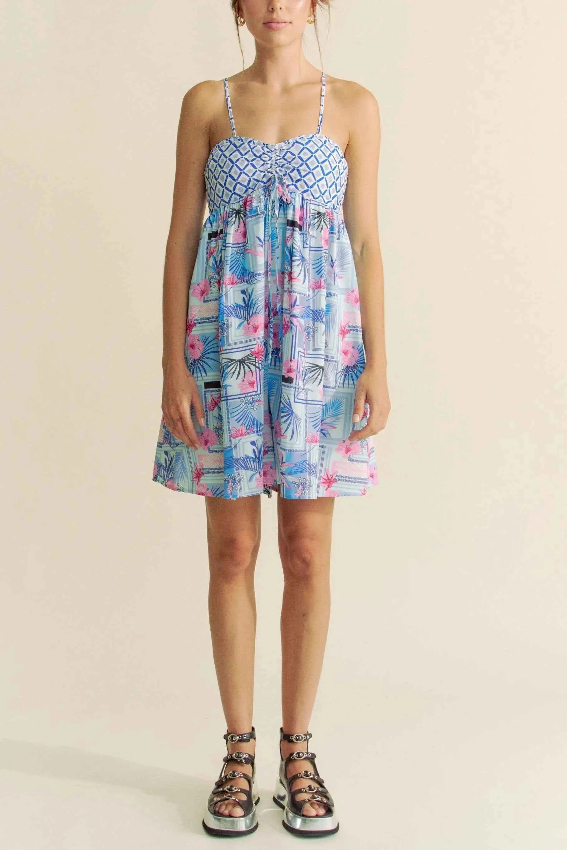 Davi & Dani Tropical Floral Geo Print Tie Back Tube Top Romper.