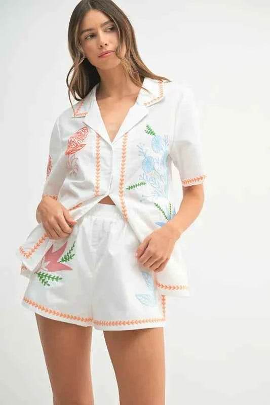 MABLE Embroidered Button Down Shirt and Shorts Set - EBYNN
