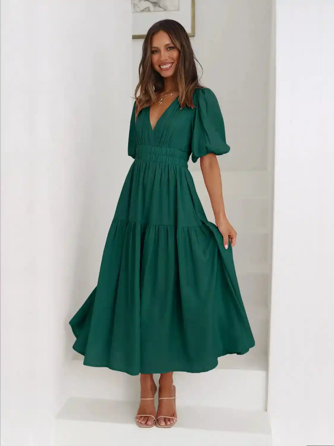 Tiered Surplice Half Sleeve Midi Dress.