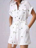 Palm Tree Print Short Sleeve Button-Up Romper with Belt.
