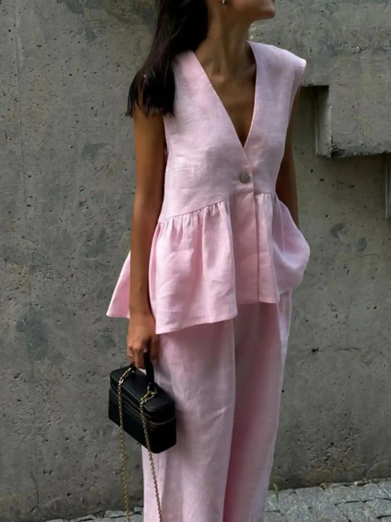 One Button Peplum Top and Pants Set.