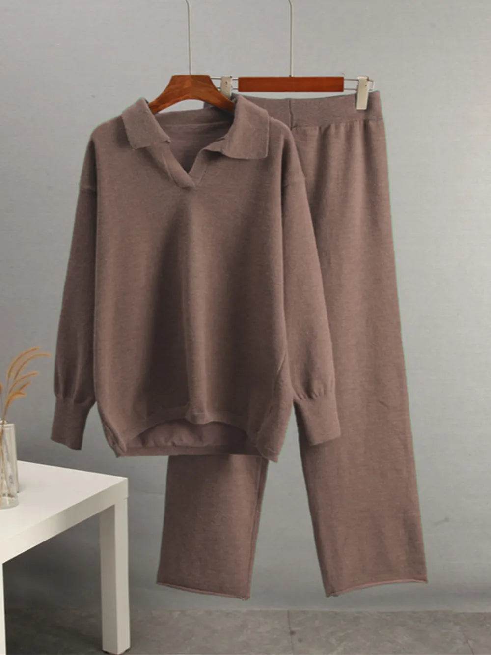 Johnny Collar Long Sleeve Top and Pants Sweater Set - EBYNN