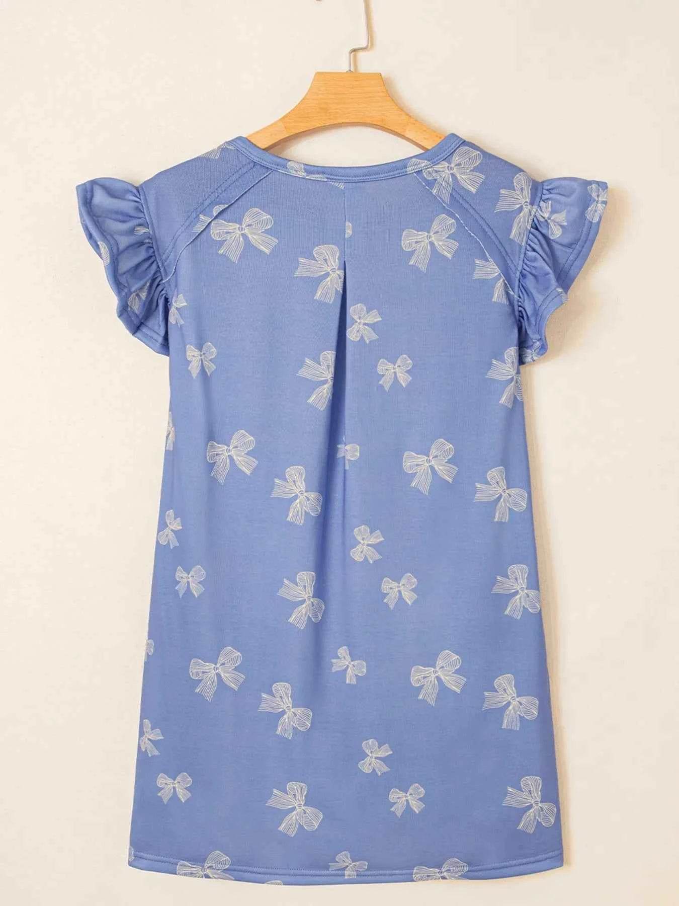 Bow Knot Print Ruffled Sleeve Crewneck Mini Dress.