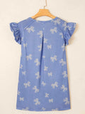 Bow Knot Print Ruffled Sleeve Crewneck Mini Dress.
