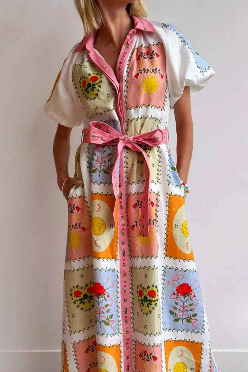 Printed Short Sleeve Belted Maxi Dress.