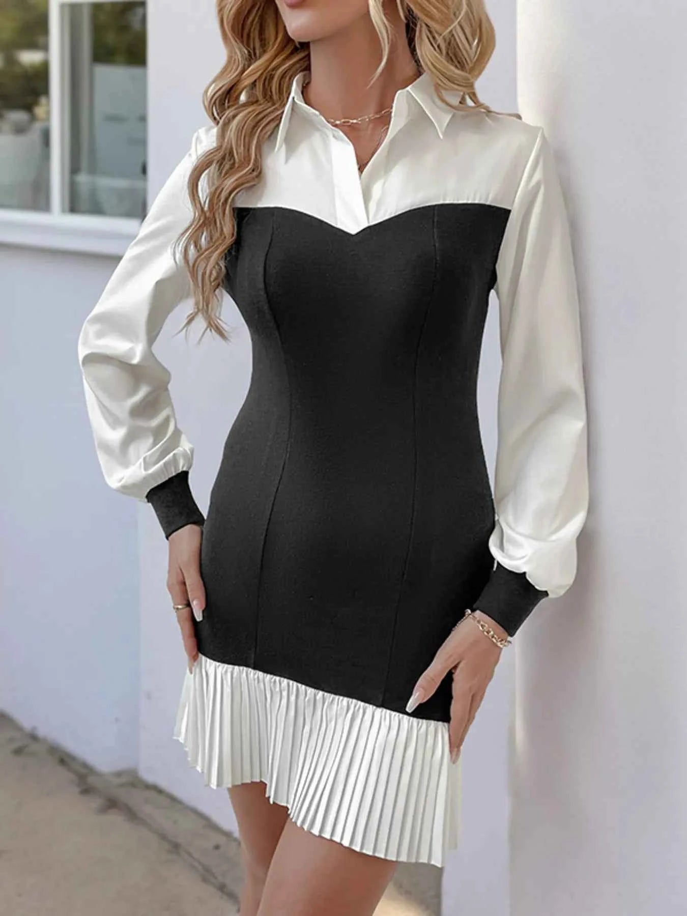 Two Tone Pleated Long Sleeve Shirt Dress.