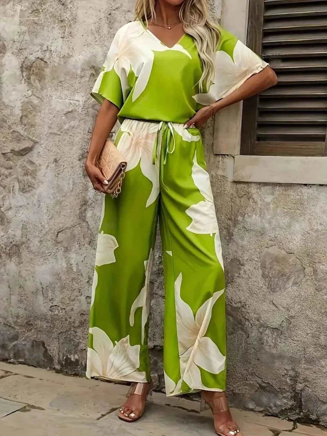 Printed V-Neck Top and Wide Leg Pants Set - EBYNN
