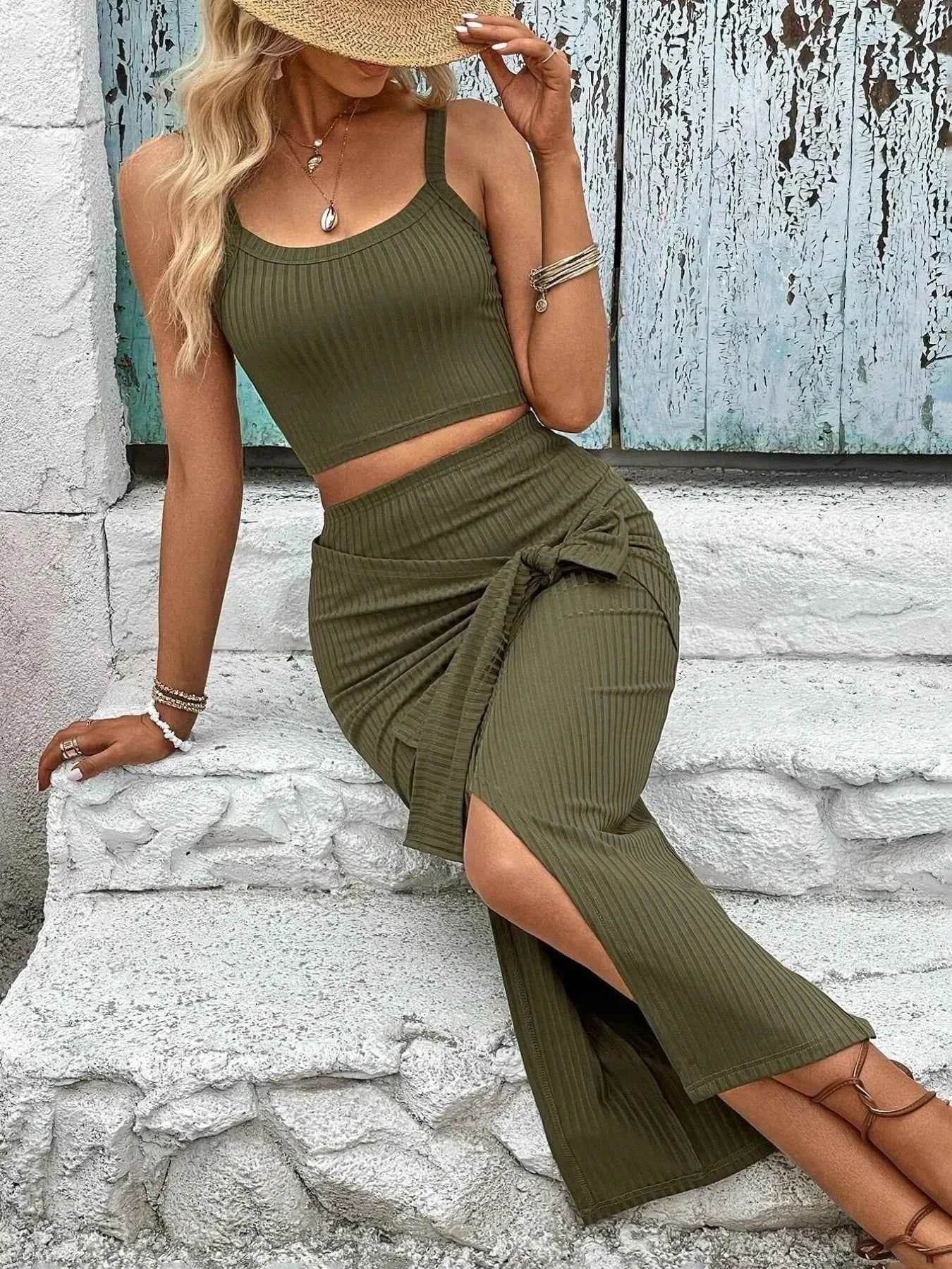 Ribbed Knit Crop Top & Tie-Front Slit Skirt Set - EBYNN