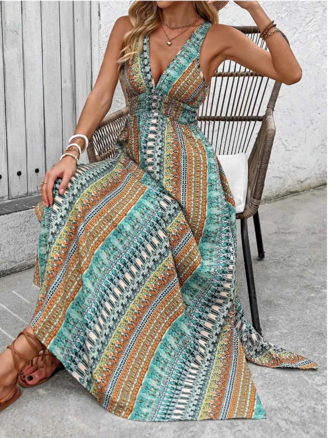 Tied Back Printed Sleeveless Maxi Dress with Slit.