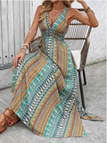 Tied Back Printed Sleeveless Maxi Dress with Slit.