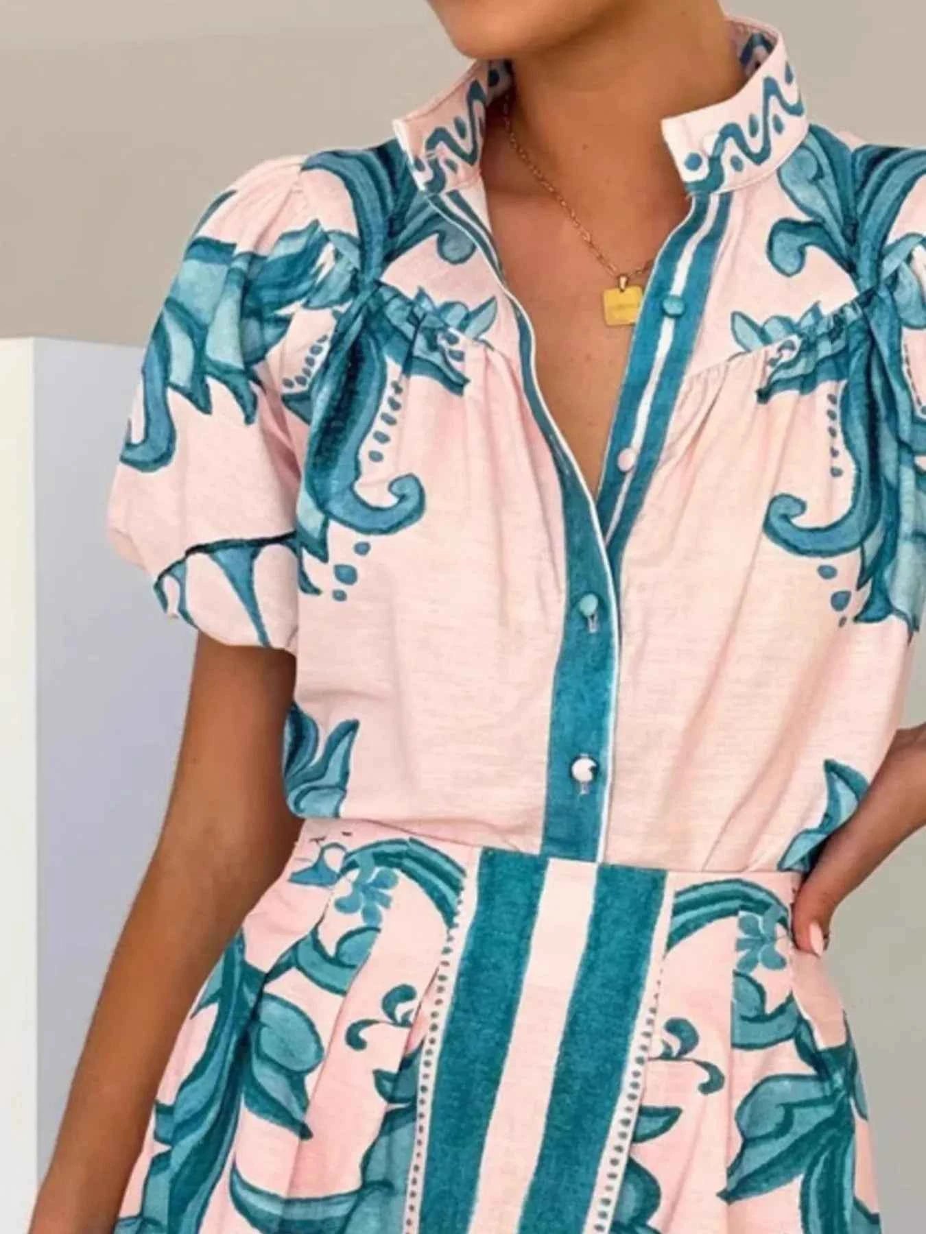 Printed Puff Sleeve Top and Skirt Set.