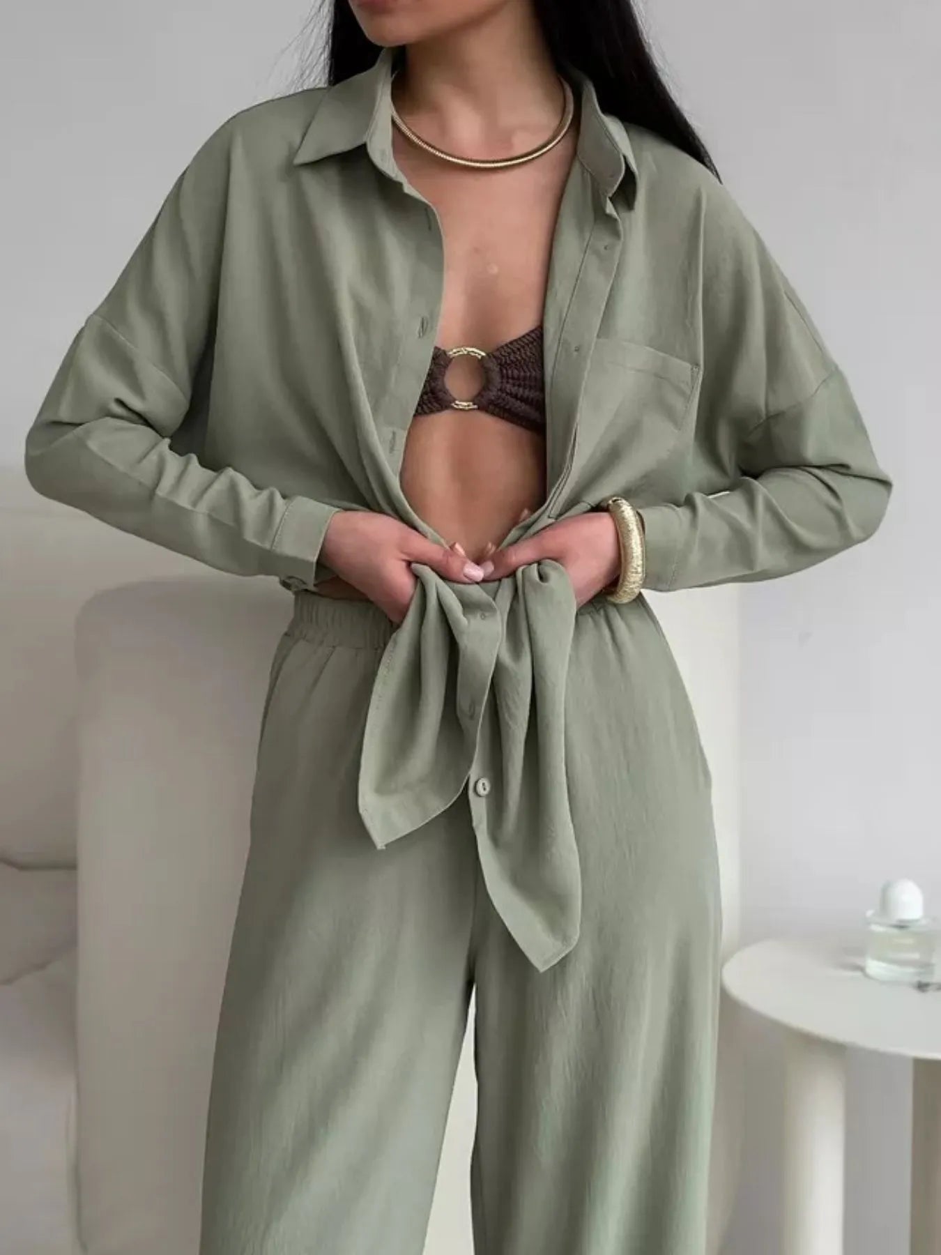 Button Up Long Sleeve Shirt and Pants Set.