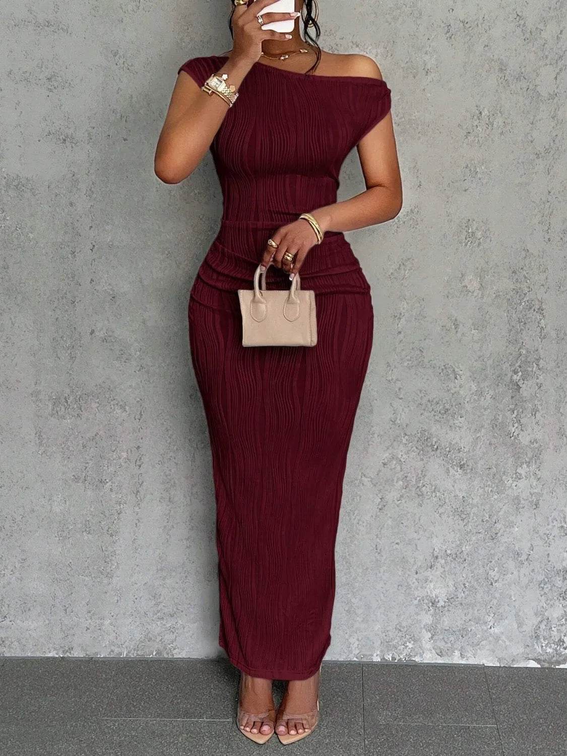 Textured Single Shoulder Maxi Dress.