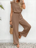 Lace Trim Round Neck Top and Pants Set - EBYNN