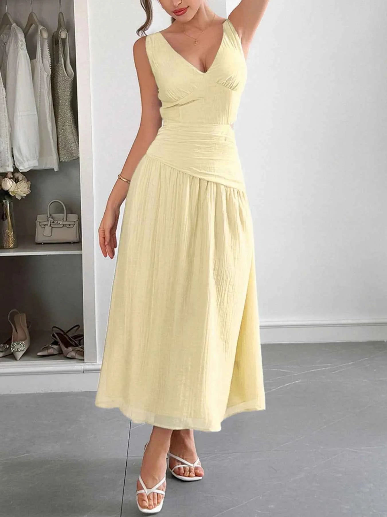 Cutout V-Neck Sleeveless Midi Dress.