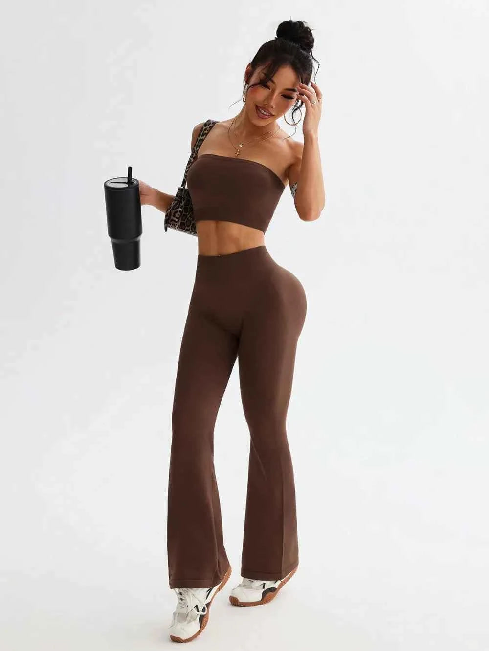 Tube Top & High Waist Flare Pants Active Set.