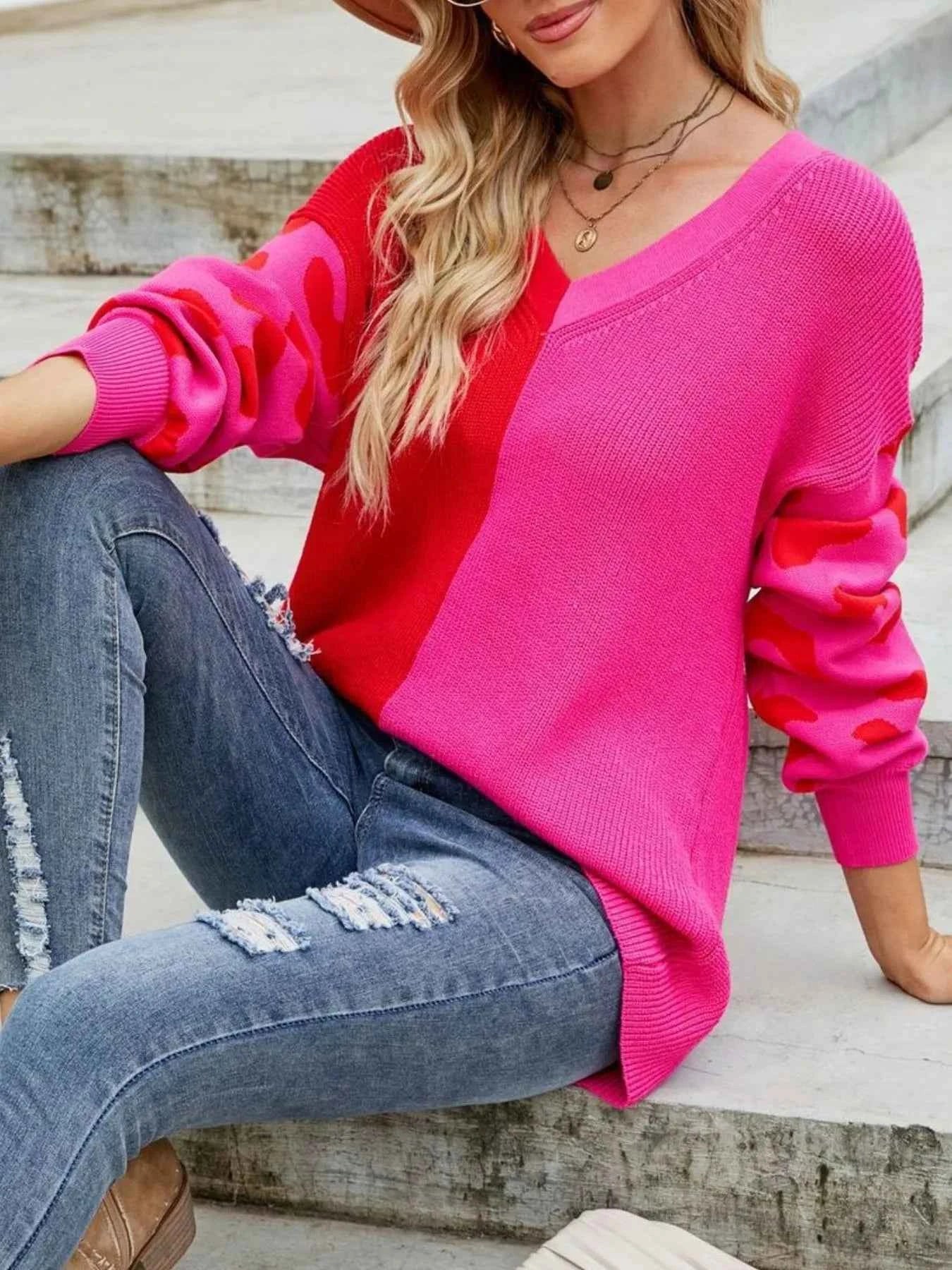Color Block Leopard Print V-Neck Sweater.