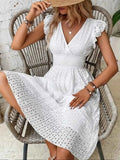 Eyelet Ruffled Cap Sleeve Mini Dress.