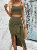 Ribbed Knit Crop Top & Tie-Front Slit Skirt Set - EBYNN