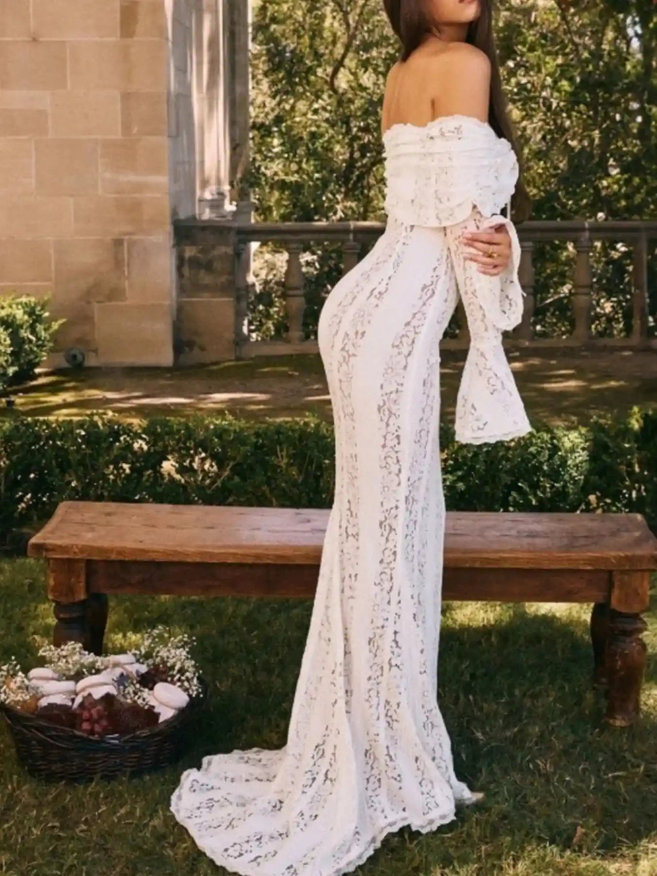 Lace Off-Shoulder Flounce Sleeve Maxi Dress.