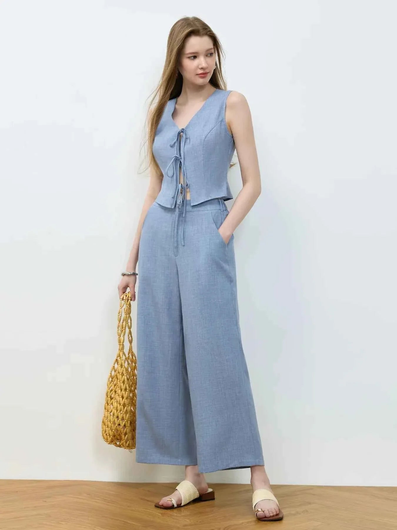 Tie Front Vest and Wide Leg Pants Set.
