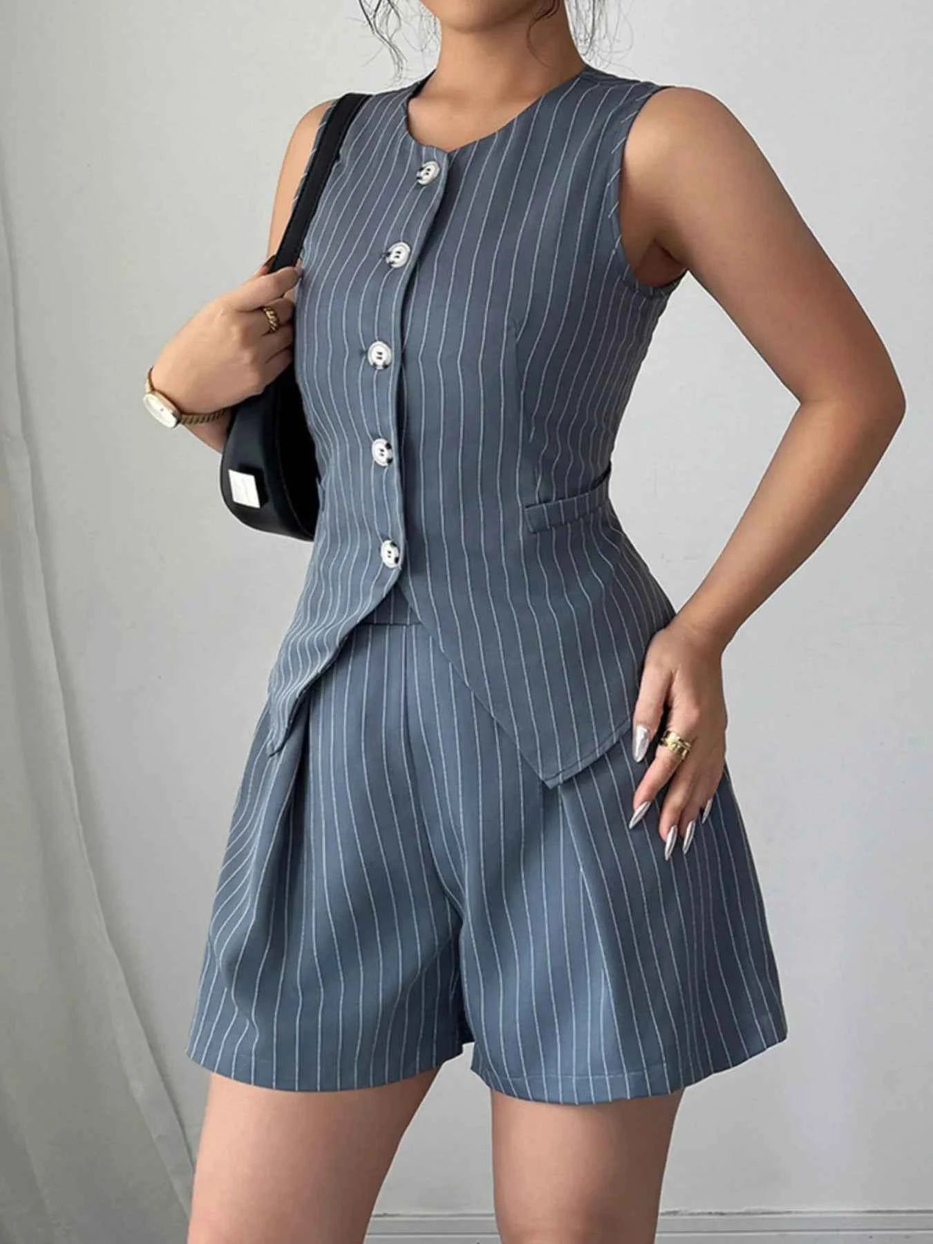 Striped Button-Up Vest and Shorts Set.