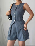 Striped Button-Up Vest and Shorts Set.