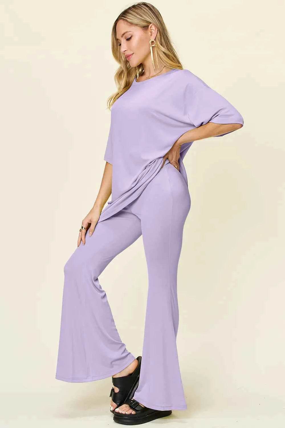 Double Take T-Shirt and Pants Set: Full Size Round Neck Drop Shoulder Style with Flare Pants - EBYNN