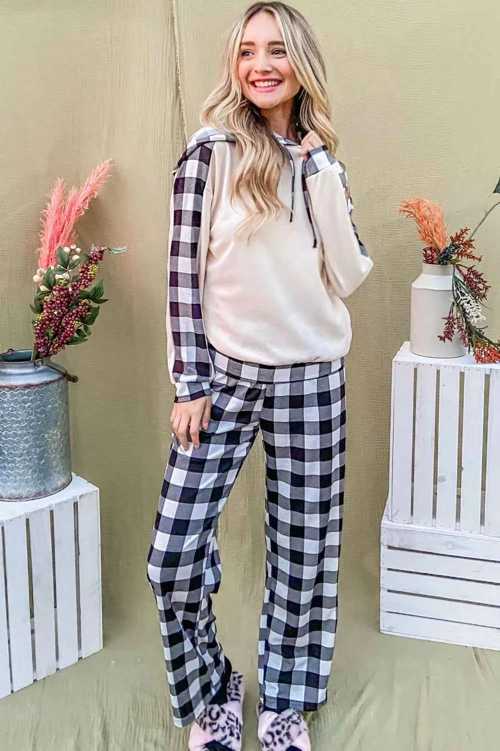 And The Why Drawstring Hooded Top & Plaid Pants Lounge Set.