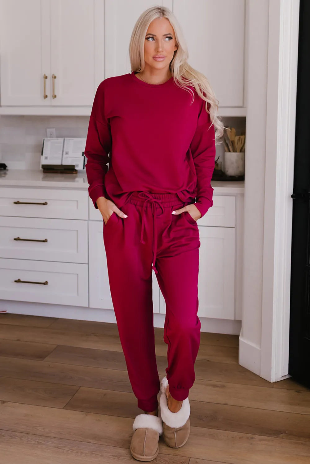 Round Neck Top and Drawstring Pants Lounge Set.