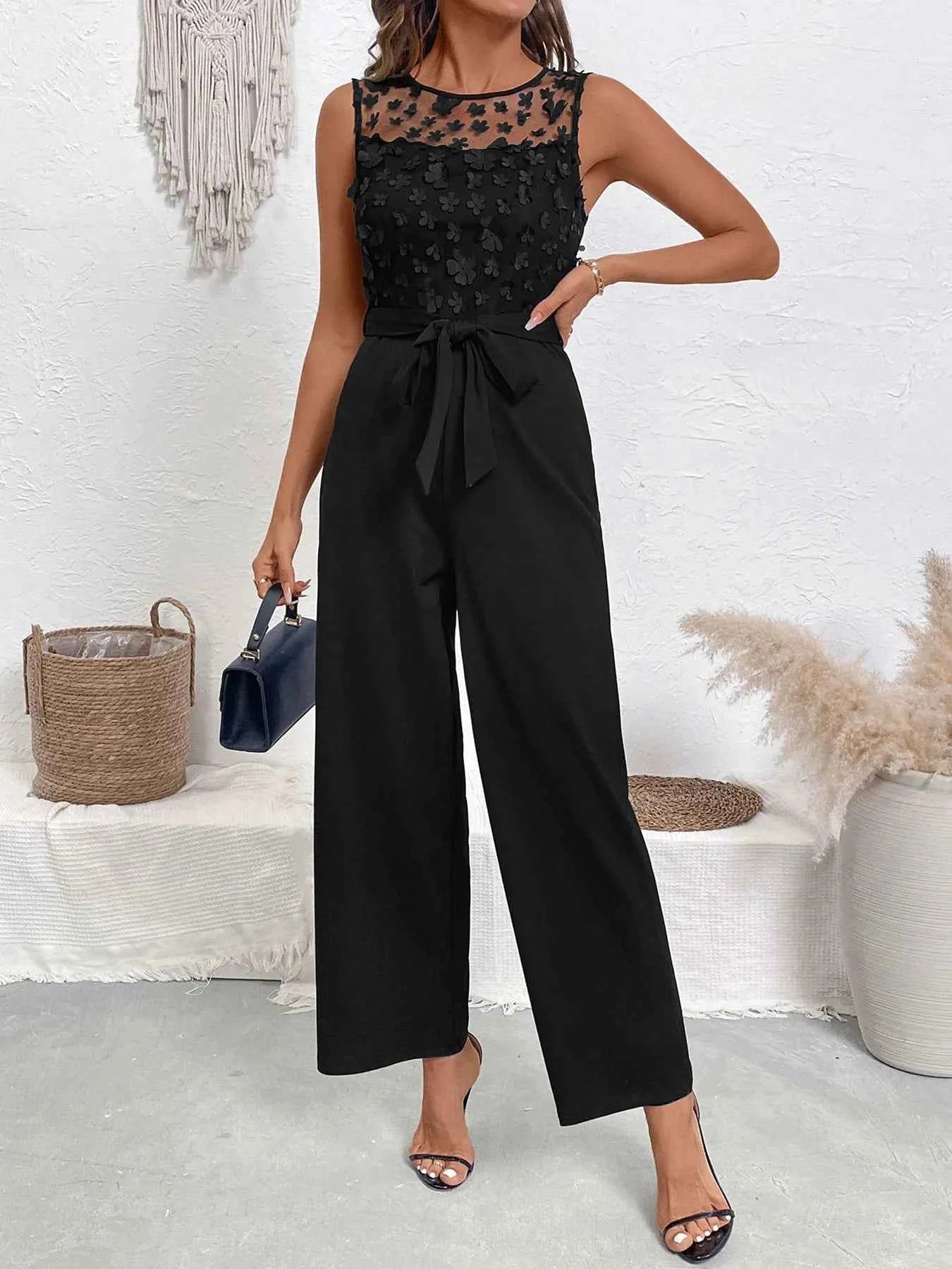Flower Lace Mesh Sleeveless Wide Leg Jumpsuit.