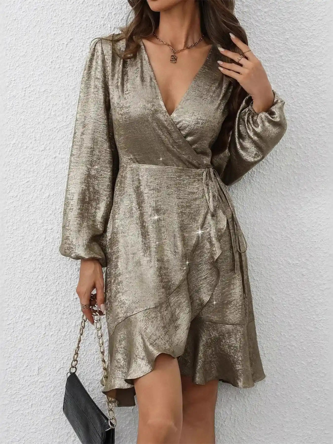 Ruffled Hem Surplice Long Sleeve Dress.