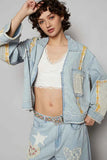 POL Raw Hem Zip Up Denim Jacket with Plaid and Crochet Patch.