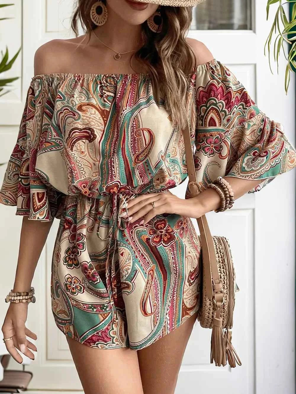 Perfee Off Shoulder Printed Half Sleeve Romper.