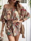 Perfee Off Shoulder Printed Half Sleeve Romper.